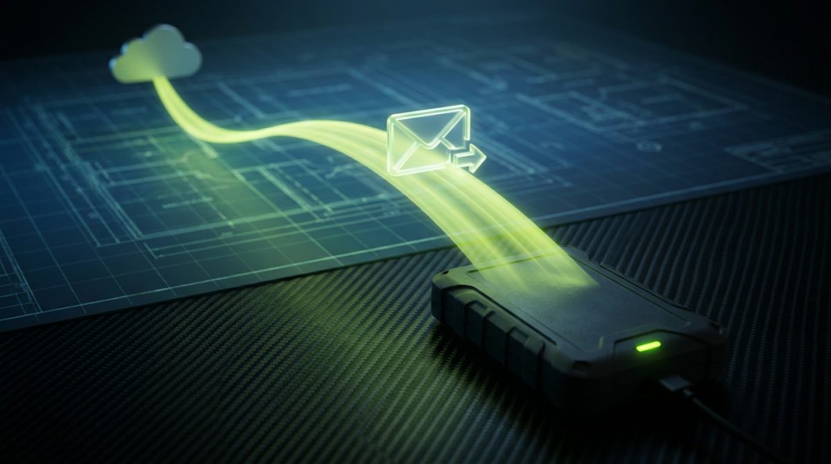 E-Mails fließen als Lichtstrahl aus der Cloud auf eine externe Festplatte — Symbol für das lokale E-Mail-Archiv