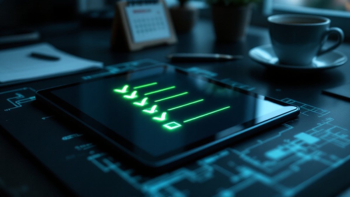 Tablet mit leuchtender Checkliste auf einem dunklen Schreibtisch, Symbol für die IT-Jahresend-Checkliste