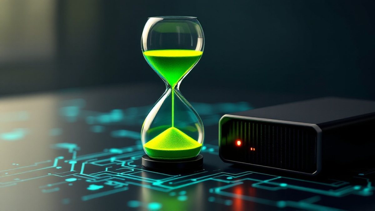 Sanduhr mit fast abgelaufenem leuchtendem Sand neben einem Servermodul mit roter Status-LED, Symbol für das Support-Ende von PHP 8.2